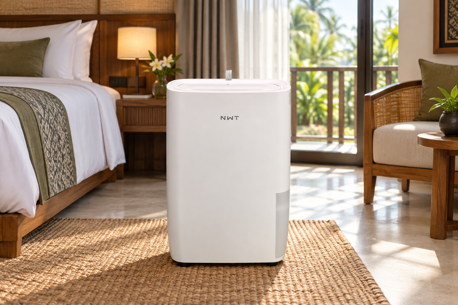 Front-view dehumidifier scene for 18L boutique hotel use