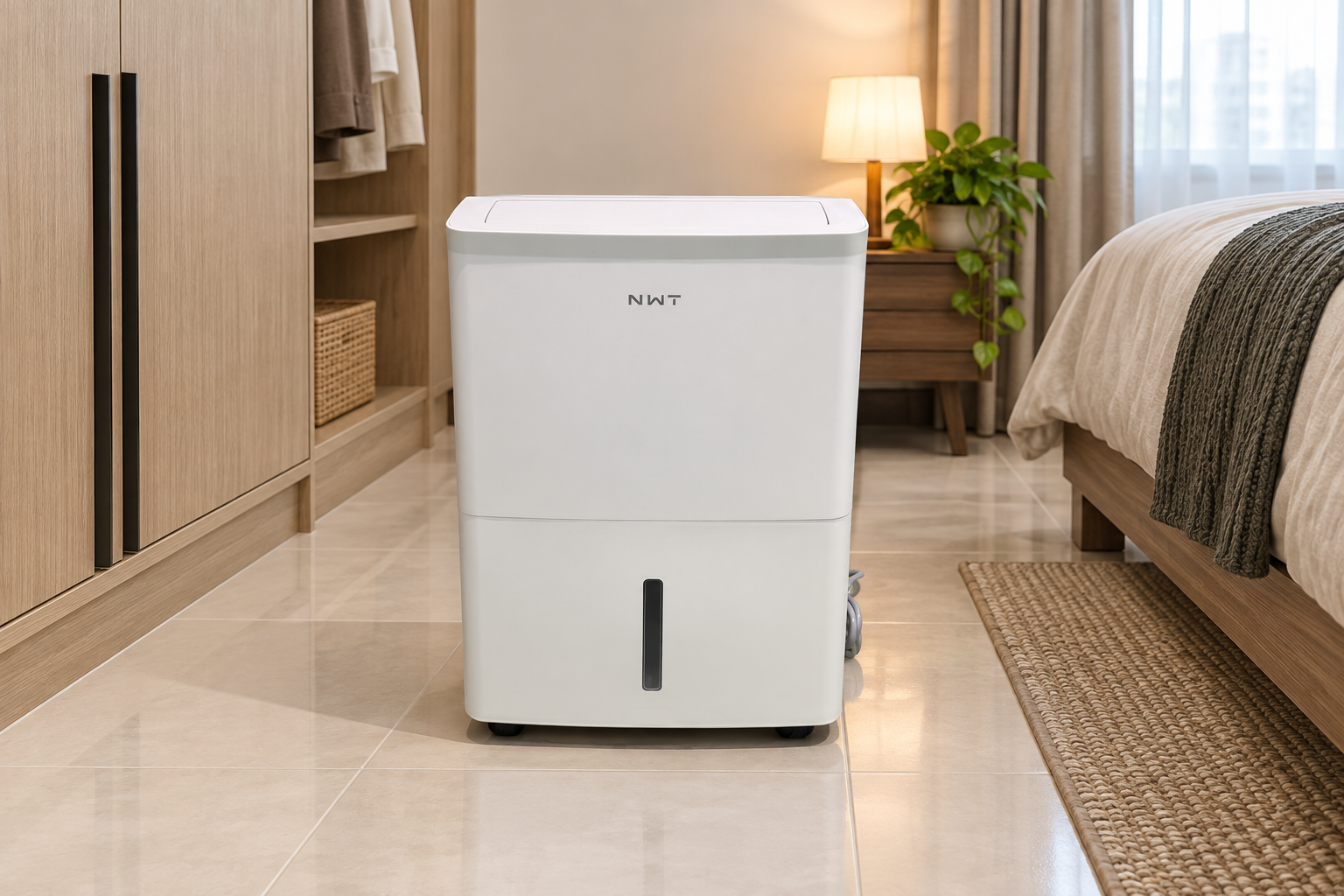 Front-view dehumidifier scene for 24L hotel and office use