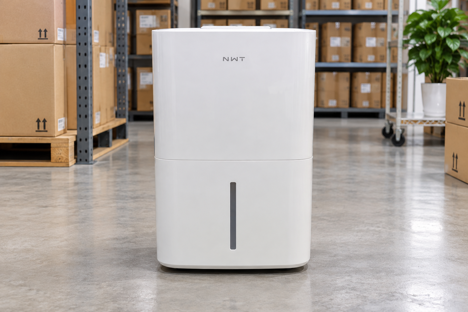 Front-view dehumidifier scene for 30L storage and shop use