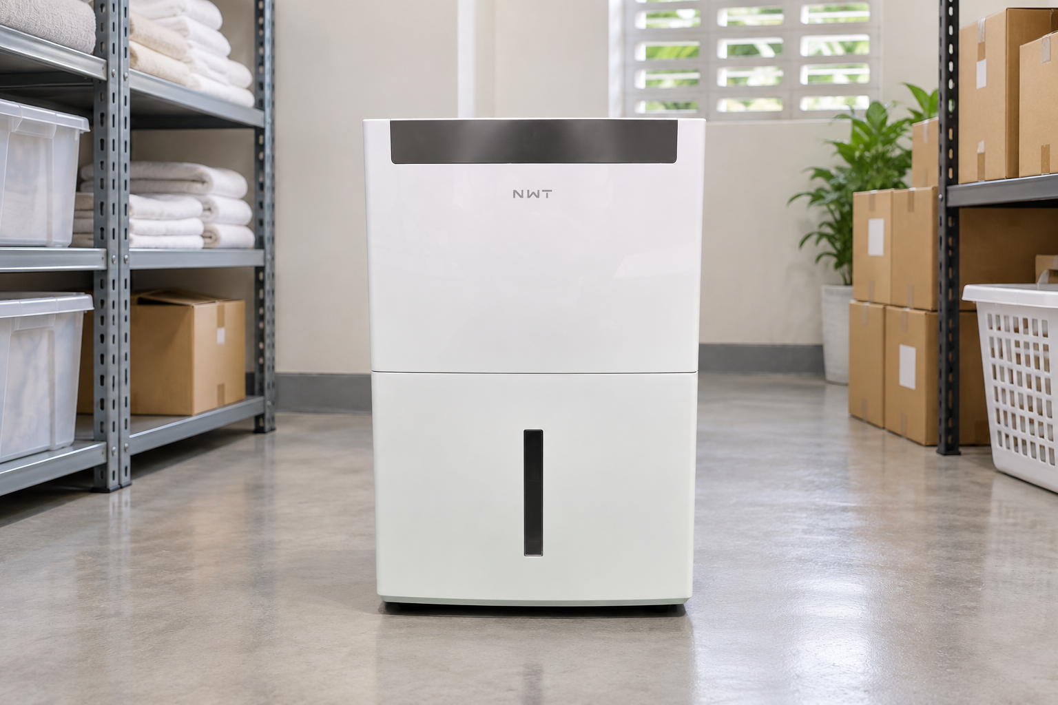 Front-view dehumidifier scene for 35L commercial room use