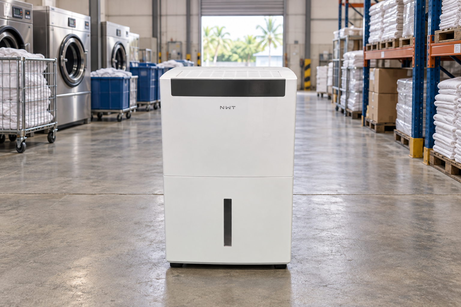 Front-view dehumidifier scene for 60L warehouse and professional use