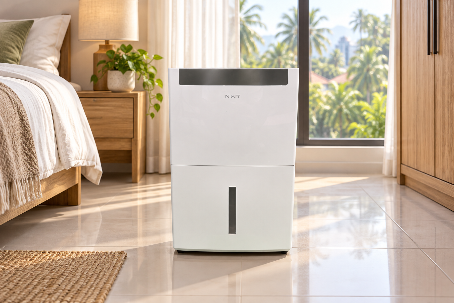 Front-view dehumidifier in a tropical bedroom scene